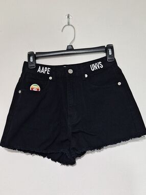 AAPE By A Bathing Ape "UNVS" Black Denim Shorts Camo Moonface Jorts [Insert Size